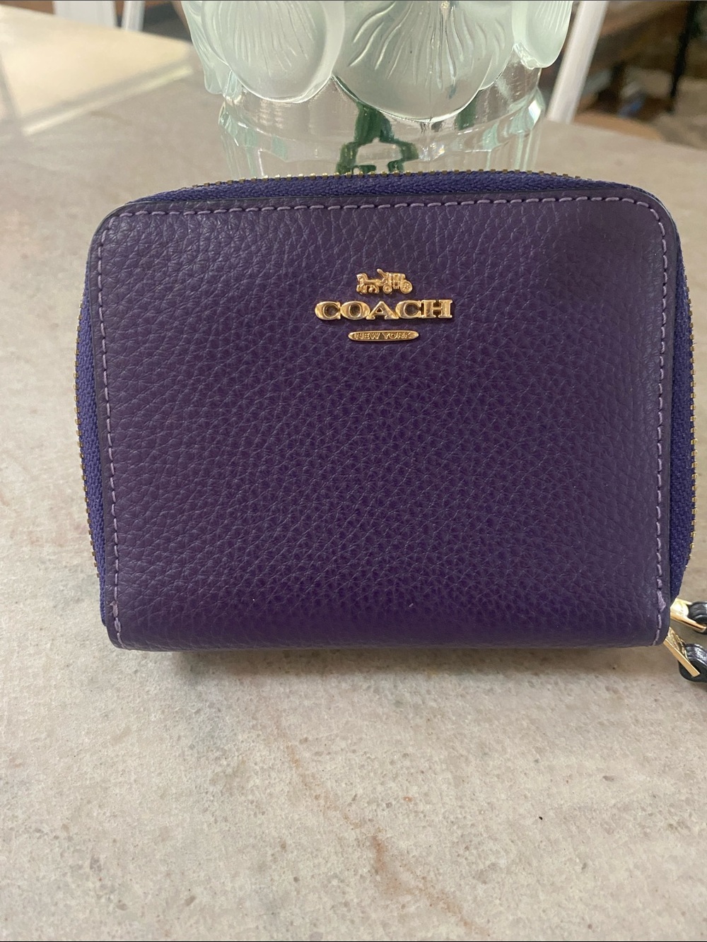 Coach Pebbled Leather Double Zip Wallet in Purple with Gold Hardware